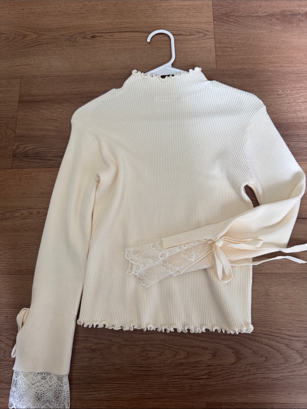 Altar'd State Cream Ribbed Long-Sleeve Top with Lace Cuffs